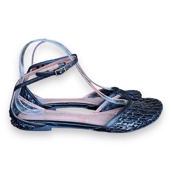 Jeffrey Campbell Black Leather Woven Ankle Strap Flats Size 9 - Picture 4 of 10